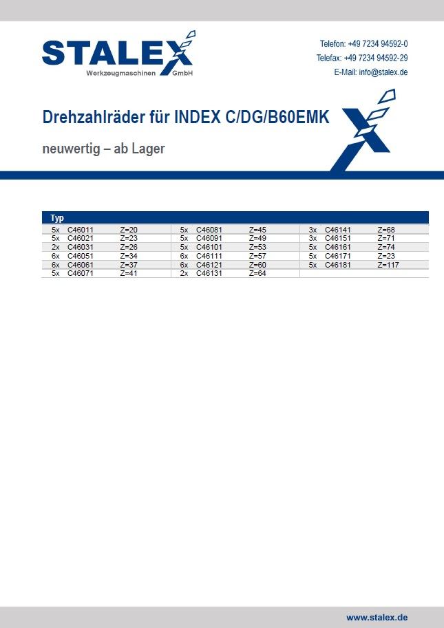 Drehzahlräder für INDEX C/DG/B60EMK