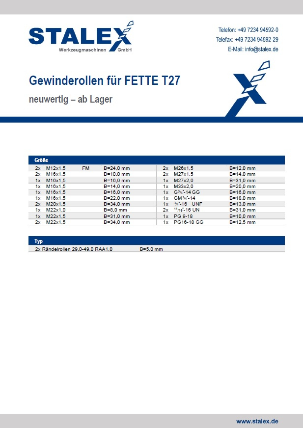 Gewinderollen für FETTE T27